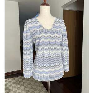 Alfred Dunner Chevron Stripe Metallic Knit Sweater Womens L Blue Silver Sparkly